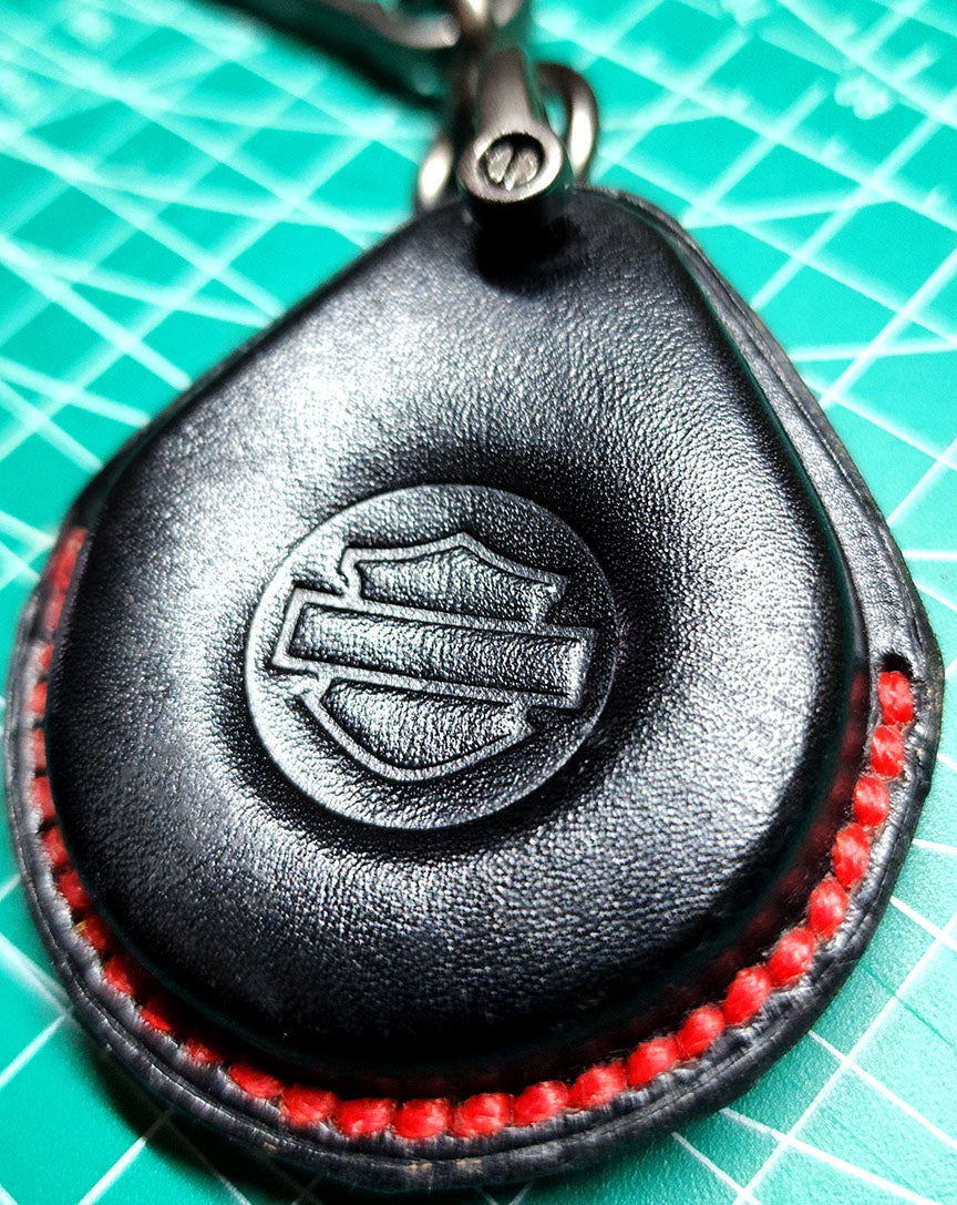 Black Leather key fob case for Harley Davidson motorcycles with red stitching