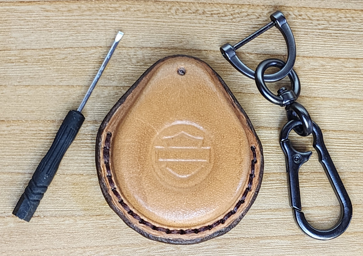 Front view of leather key fob case for Harley Davidson motorcycles