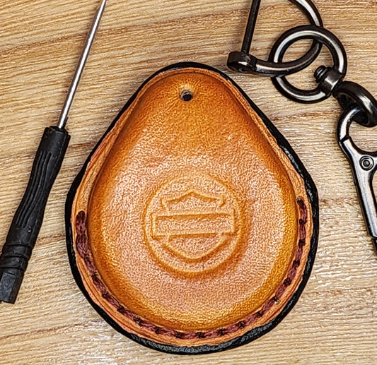 Veg-tanned leather key fob case for Harley Davidson motorcycles