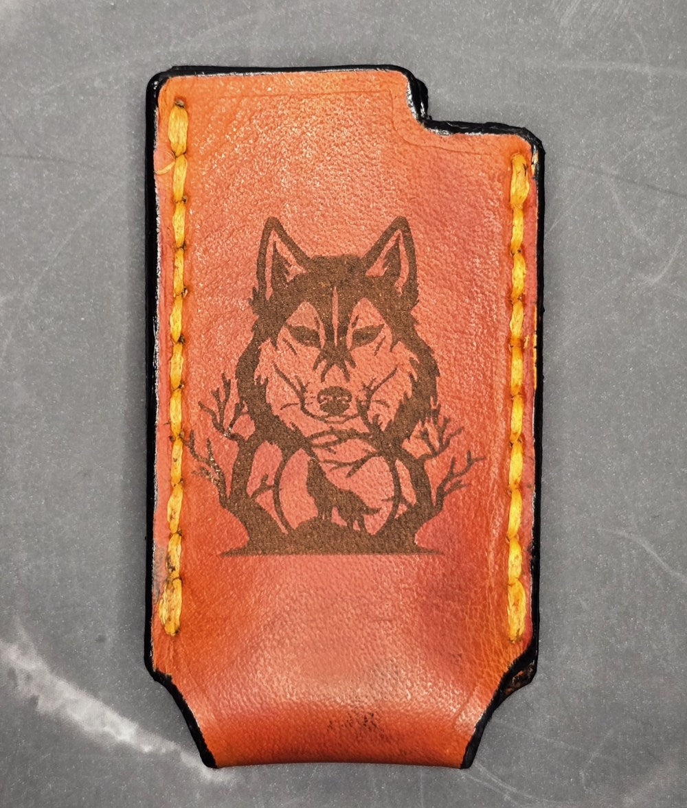 Veg-tan leather lighter case for bic lighters.