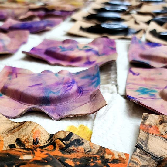 Video showing our freshly dyed vegetable tanned leather key fob cases for harley davidson motorcycles left out to dry before the next procedure.